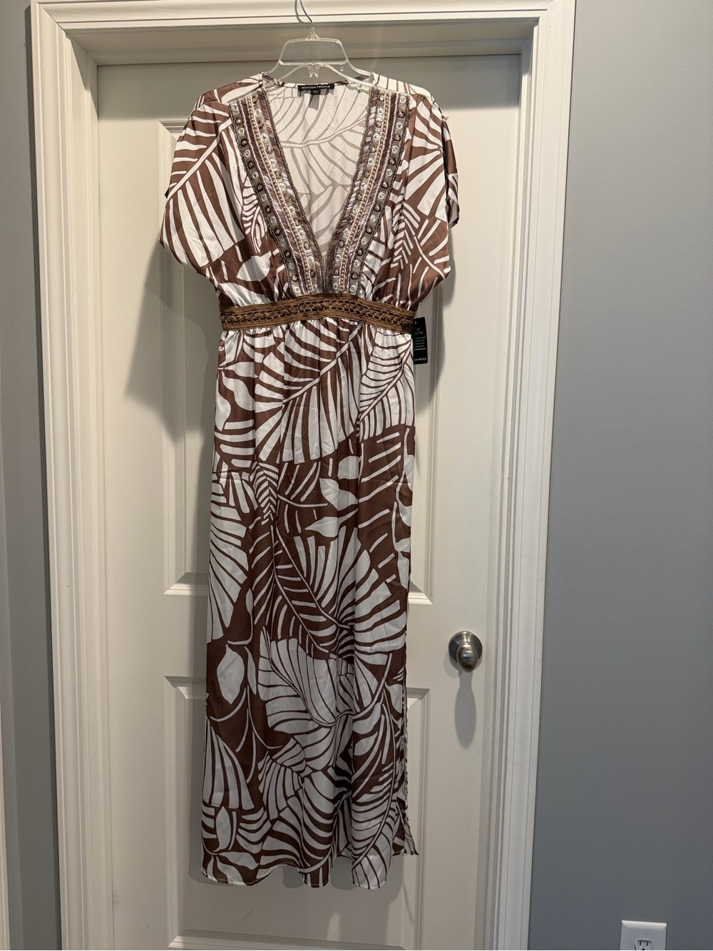 Boston Proper Brown and White Leaf-Print Maxi Dress with Embellished V-Neckline
